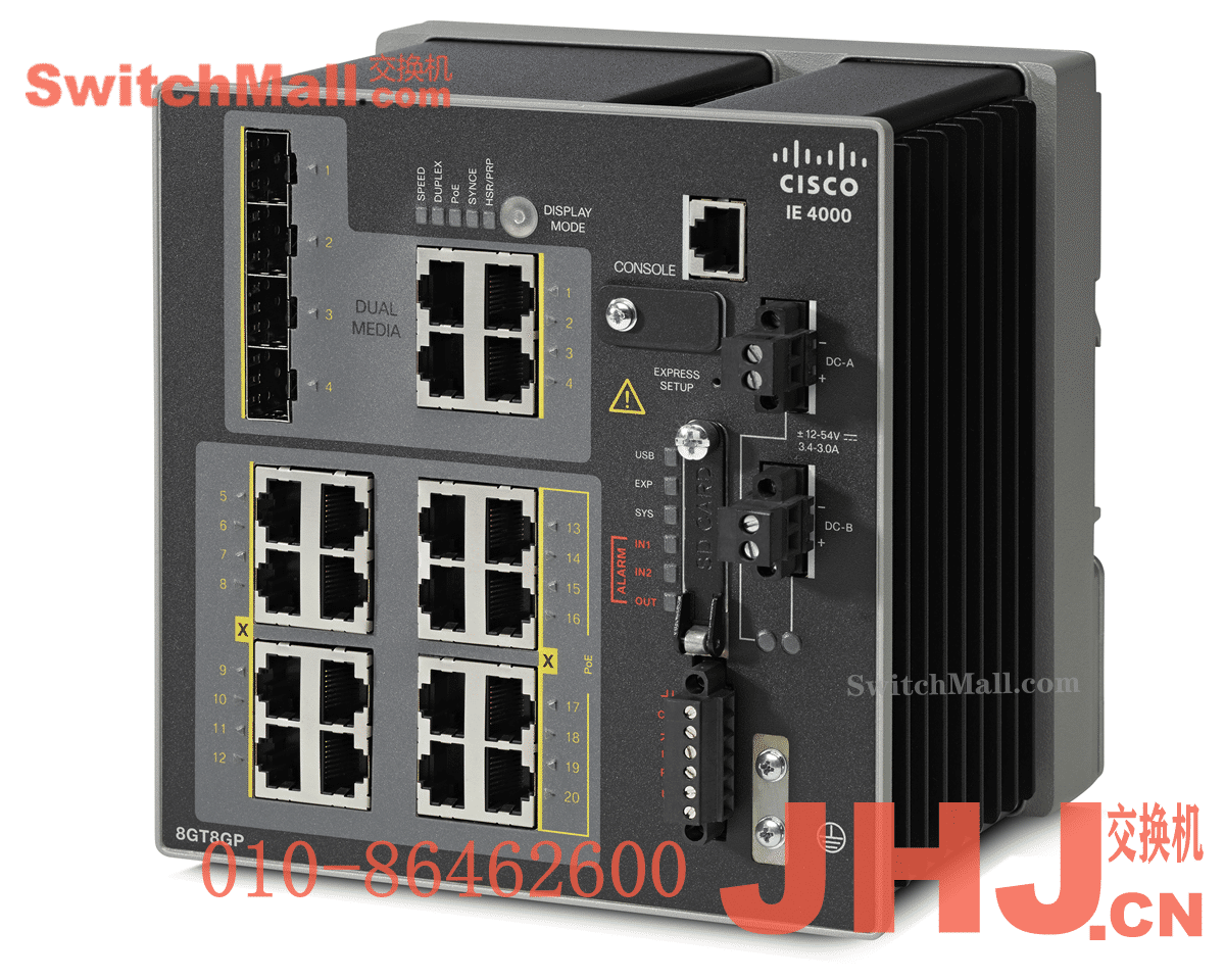 IE-4000-8GT8GP4G-E= | 思科工业交换机IE4000系列| Cisco IE-4000-8GT8GP4G-E | 8个千兆电口，8个千兆POE+口,4个千兆光电复用口上行 |  IE4000 switch with 8 GE Copper, 8 GE PoE+ and 4 GE combo uplink ports